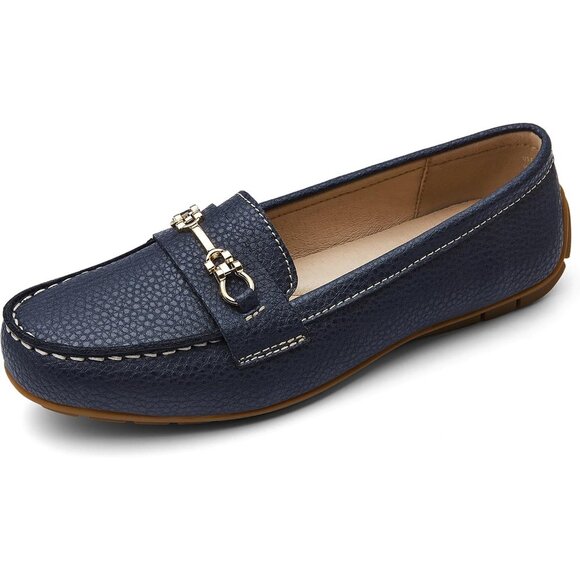 Kordal Women's Navy Leather Gold Accent Buckle Slip-Ons Walking Flats Loafers - Picture 2 of 9